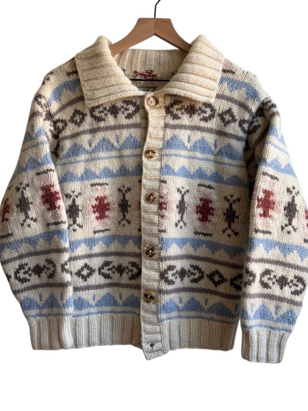 Vintage Hand Made Chunky Heavy Wool Cardigan Sweater Nordic Collared